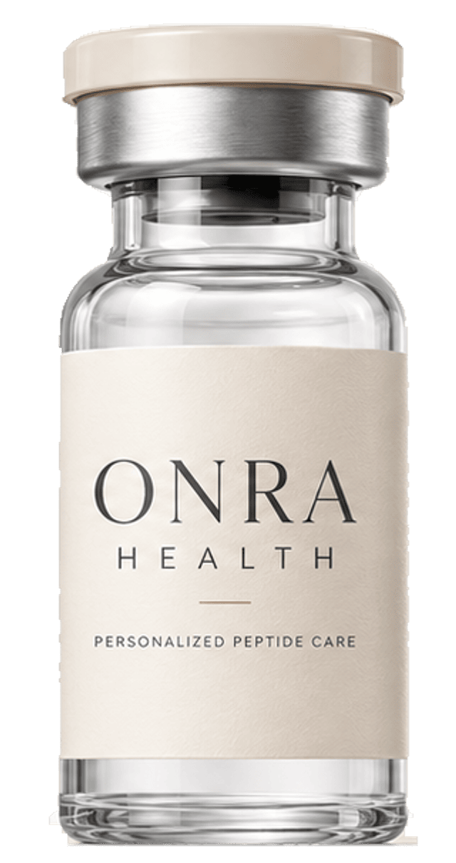 Onra Health peptide vial with a brushed silver collar and an ivory ONRA HEALTH label.